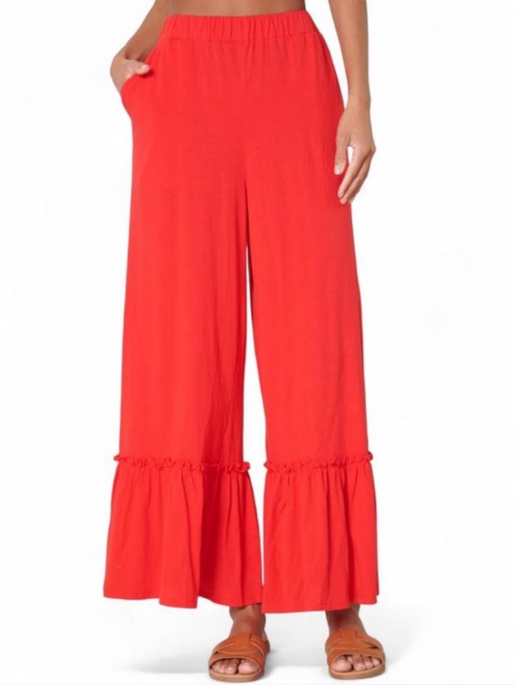 Sugarlips Ryder Cherry Red Wide-Leg Ruffle Hem Pants Cotton Knit Size Small